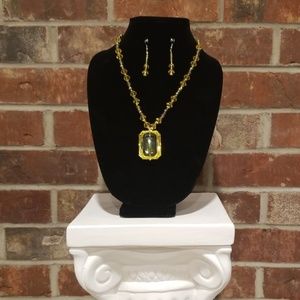 Yellow Crystal Beaded Necklace w/ Matching Earring